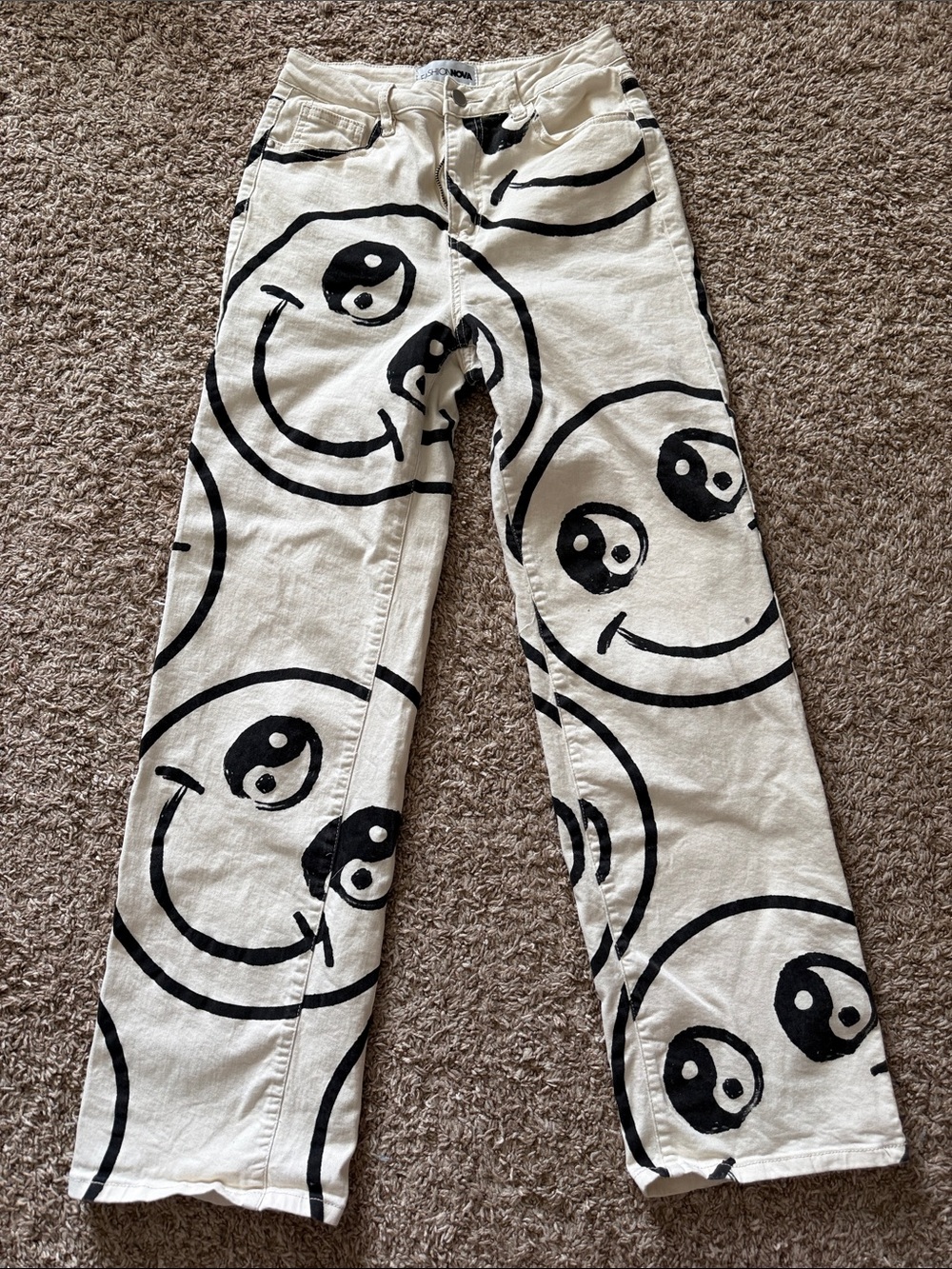 Womens White and Black Smiley Yin & Yang Pants